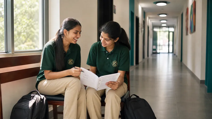 Edvia students comparing notes between classes