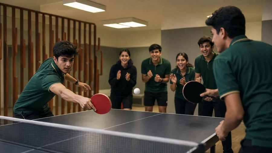 A table tennis rally in the Edvia sports room